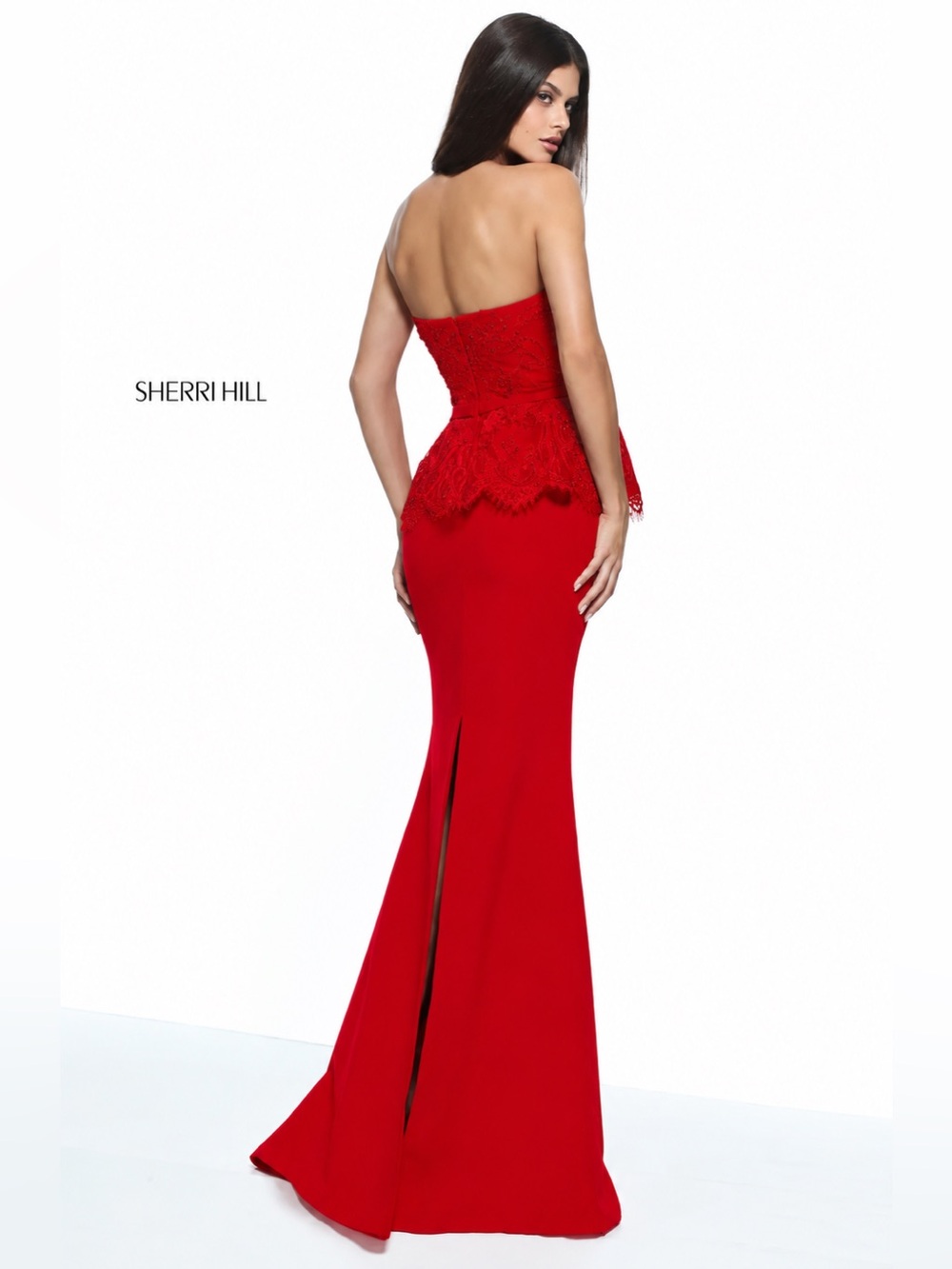 Sherri Hill Strapless Red Lace Peplum Mermaid Gown